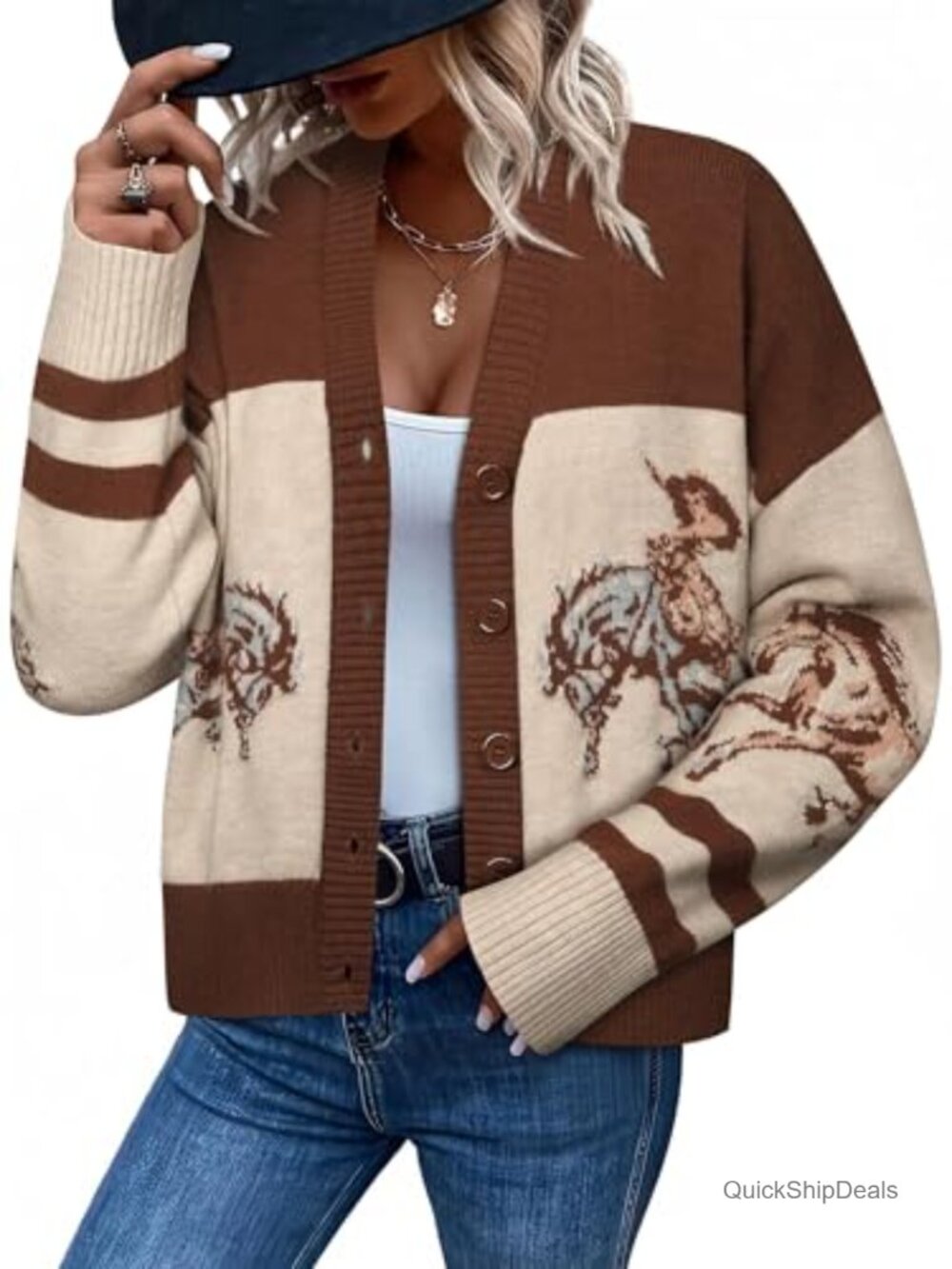 Western Cowgirl Horse Graphic Knit Cardigan Button V Neck Long Sleeve